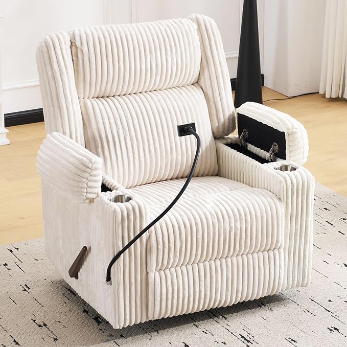 Oversized Manual Recliner Chair with Arm StorageSwivel Rocker Recliner Chair for Adults with Adjustable HeadrestNursery Glider Recliner with Phone Stand and Side Pockets for Living RoomBeige