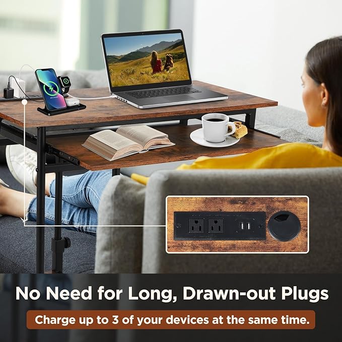 FAHKNS Adjustable C Table with Charging Station Tiltable Desk C Shaped End Table for Couch Over Bed Table with Wheels Adjustable Height Hospital Laptop Stand Drawing Desk