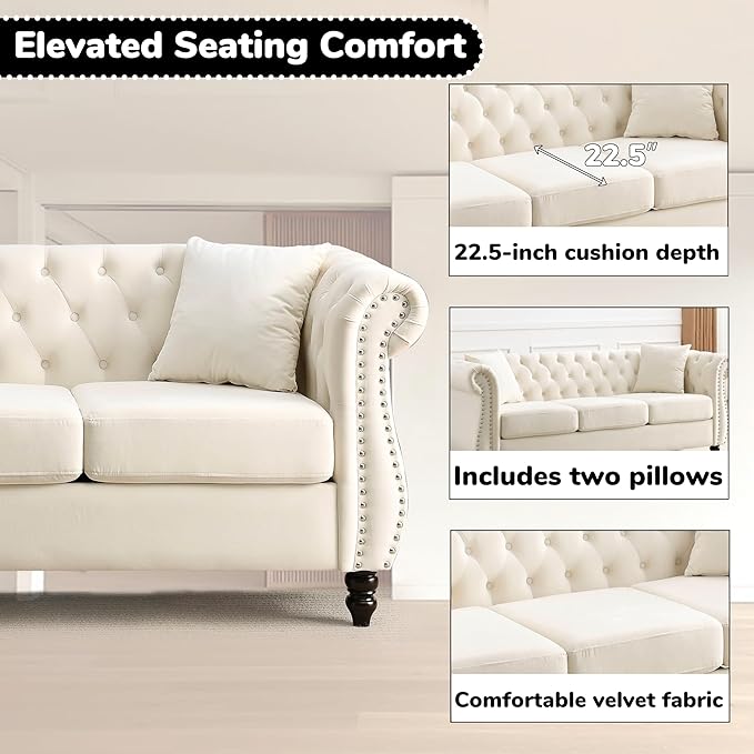 2 Piece Modern Beige Velvet 80 3-Seater Sofa Sets Upholstered Tufted Backrests with 8 Rolled Nailhead Arms Combination Couch with 4 Pillows for Living Room