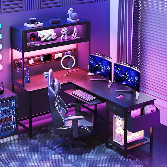 L Shaped Gaming Desk with Power Outlets &amp LED Lights 49'' Reversible Computer Desk with Hutch &amp Pegboard &amp Display Cabinet Corner Home Office Desk with Drawer &amp Keyboard Tray &amp S