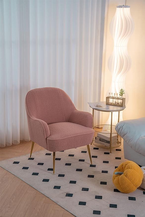 Modern Soft Green Teddy Fabric White Ergonomics Accent Chair Living Room Chair Bedroom Chair Home Chair with Gold Legs and Adjustable Legs Family Room Sofa Armchair Furniture for Indoor Home (Pink)