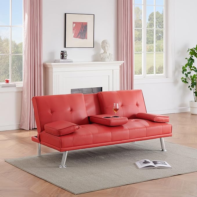 67 Multifunctional Double Folding Sofa Bed with 2 Cup HoldersLeather Couch Loveseat Sleeper with Removable ArmrestsConvertible Folding Couches Bed for Office Small Spaces (Red)
