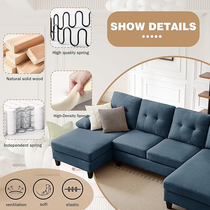 111 Sectional Couch for Living Room Modern Polyester Fibre U Shaped Sofa Couches with Double Chaise Upholstered 4 Seater Sofa for Living Room Apartment Office Blue