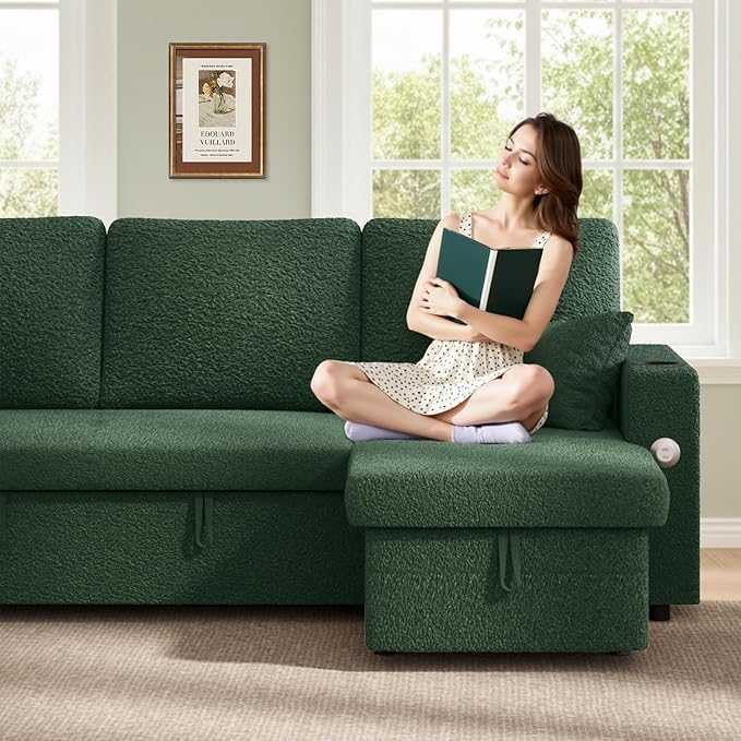 82 Inch L-Shape Sectional Couch 4-in-1 Multifunctional Pull-Out Couch Sleeper Sofa with Storage Chaise Charging Station Cup Holder for Living Room/Office/Apartment (Green)