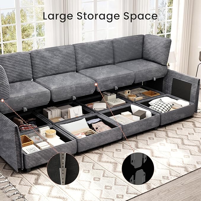 KKL Modular Sectional Sofa Bed with Storage Ottoman Convertible L/U/J-Shaped Sleeper Couch Plush Wide-Wale Corduroy for Living Room Apartment Modern Design Gray