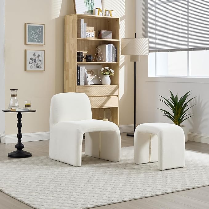Accent Reading Chair with Ottoman Chenille Upholstered Comfy Armless Accent Chair with Footrest Modern Side Lounger for Living Room Bedroom White