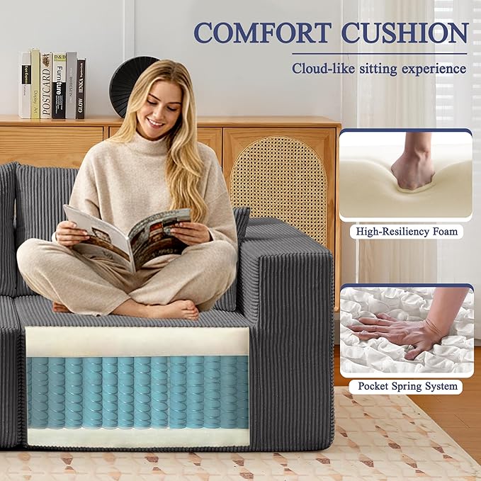 Modular Sectional Sofa for Living Room 108 Cloud Couch Sectional with L-Shape Chaise Modern Upholstered Corduroy Boneless Couch with Memory Foam Deep Seat No Assembly Required (Grey)