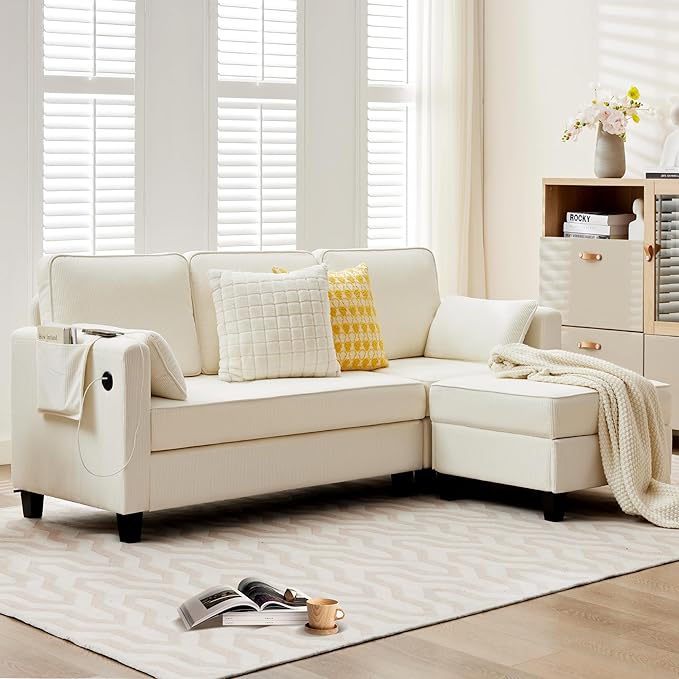 MAGIC UNION Convertible Sectional Couches for Living Room - Small Space Couches L-Shaped Sofa Upholstered 3 Seats Sofas W/Storage Chaise USB Ports Side Pockets and Pillows (Corduroy Fabric White)