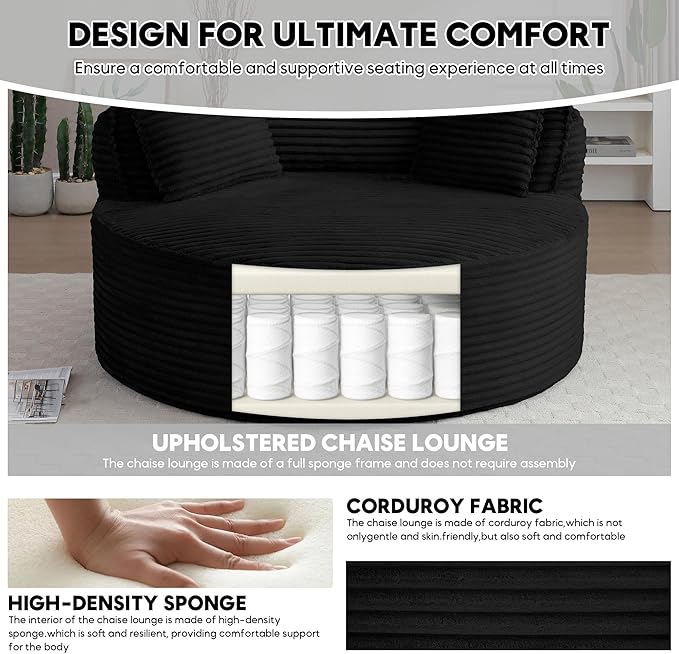 Oversized Round Chair Lounge Chaise Indoor 53.5 Corduroy Boneless Round Chair Fluffy Single Deep Seat Cloud Sofa Chairs Modern Circle Chaise Lounge for Bedroom Living Room Black
