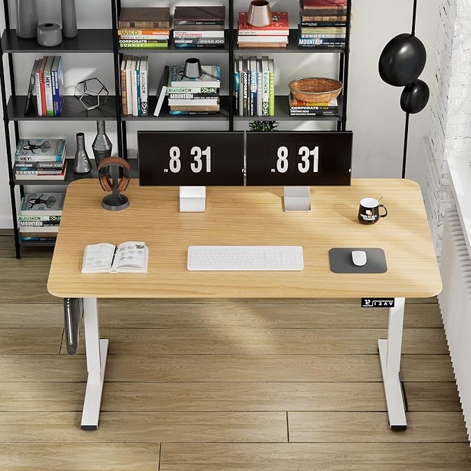 YESHOMY Height Adjustable Electric Standing Desk 55 inch Computer Table Home Office Workstation White Leg/Natural Top