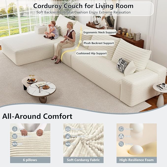 135.5 Cloud Sectional Couch with L-Shape Chaise Corduroy Boneless Couch for Living Room Modern Memory Foam Sofa with Deep SeatNo Assembly Required(WhiteLeft Facing Chaise)
