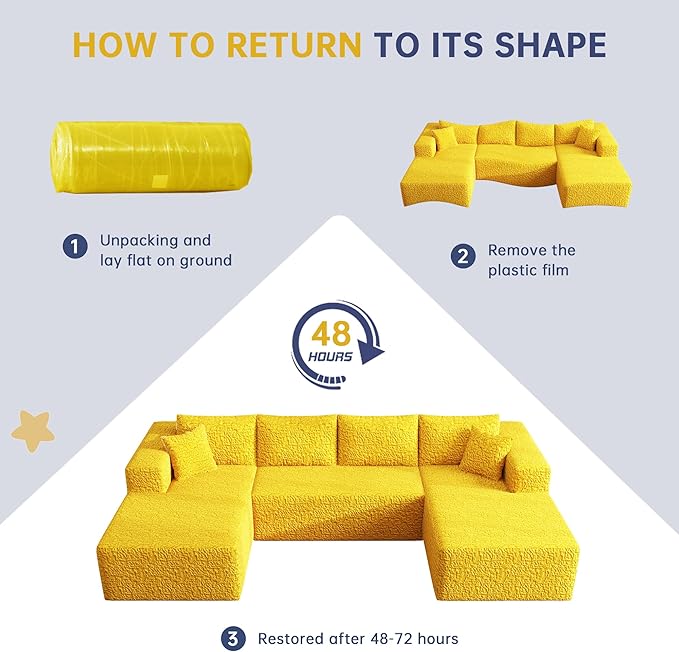 140 U-Shaped Modular Sectional Sofa for Living Room3 Seater Cloud Sectional Couch with Chaise LoungeDeep Seat with PillowsNo Assembly Required (Yellow)