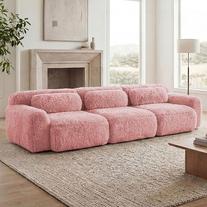 114 Modern Modular Boneless Sectional Couches for Living Room 3 Seater Deep Seat Compressed Sofa No Assembly Required Plush Fabric Fabric Cloud Comfy Sofa Set Pink