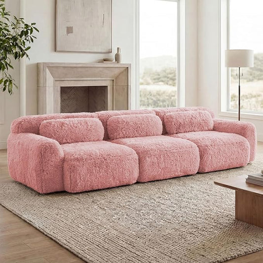 114 Modern Modular Boneless Sectional Couches for Living Room 3 Seater Deep Seat Compressed Sofa No Assembly Required Plush Fabric Fabric Cloud Comfy Sofa Set Pink