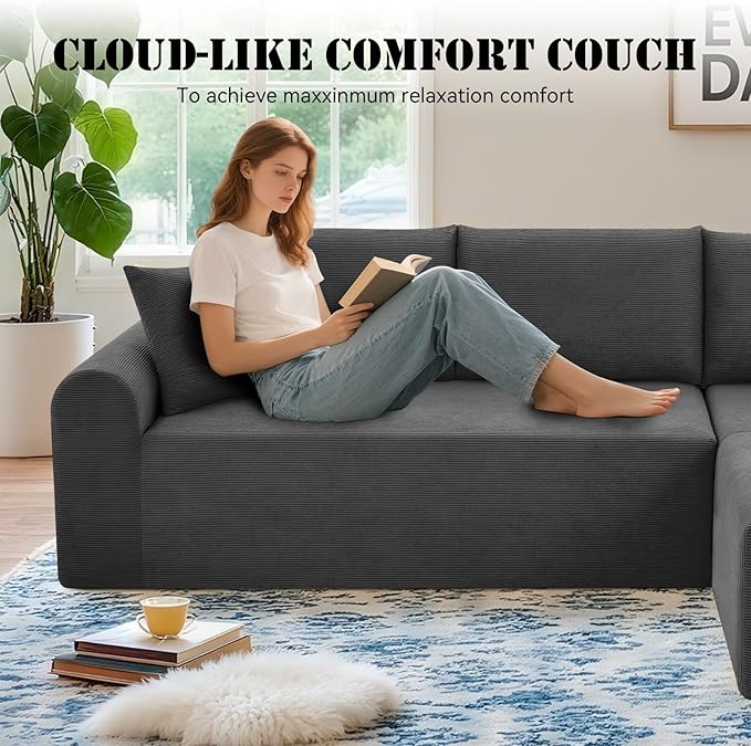 103 Modular Sectional Sofa with Chaise Cloud Sectional Couch with Deep Seat Modular L-Shape Sofa Corduroy Boneless Couch for Living RoomBedroomNo Assembly Required(Dgray Right Facing Chaise)