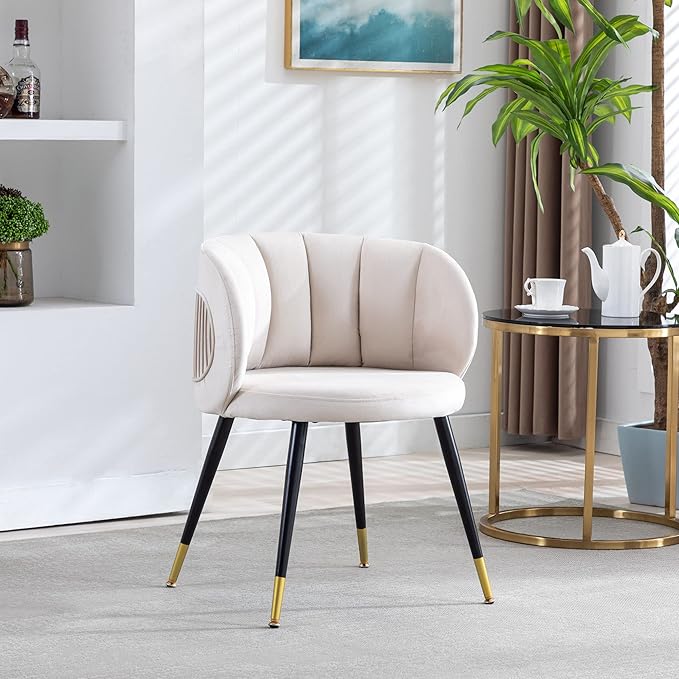Off White Velvet Lounge Chair Black Metal feet Unique Back Design Suitable for Office Living Room Bedroom