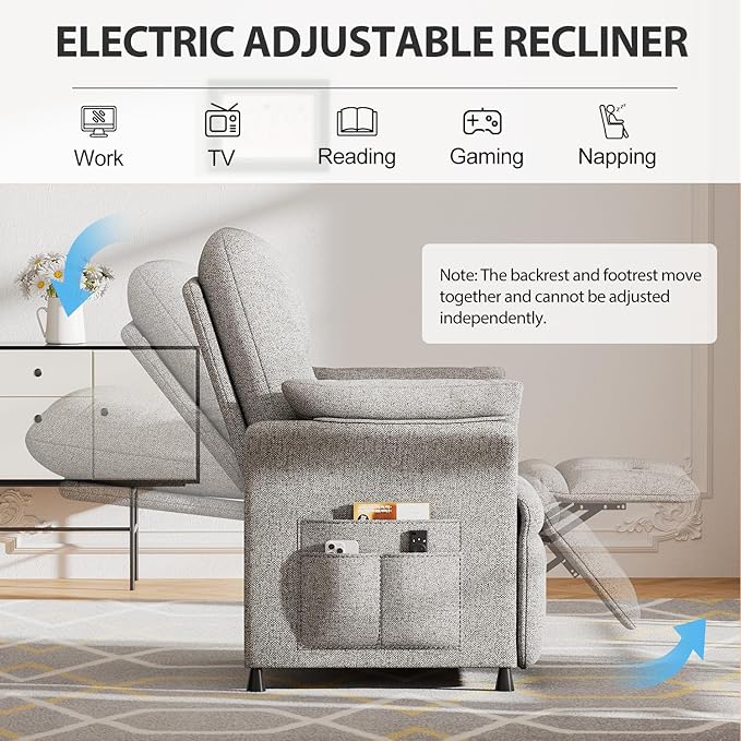 Power Recliner Chair for Adults with Heat &amp Massage - Linen Electric Reclining Sofa with Remote Control 3 Side Pockets 180° Lay Flat Sleeper for Living Room Home Theater Light Grey