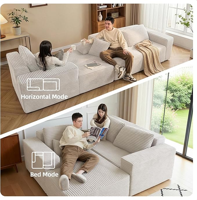 Claiks 110 Boneless Couch Cloud Couch Sectional U-Shape Corduroy Modular Sectional Sofa Deep Seat Upholstered Couches for Living Room No Assembly Required Beige