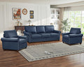Antetek 3-Piece Comfy Upholstered Faux Leather Sofa Couch Set Mid-Century Modern Single Sofa Chair(2 Units) + 3 Seater Couch(1 Unit) with Storage Space for Living Room Furniture Set Navy Blue