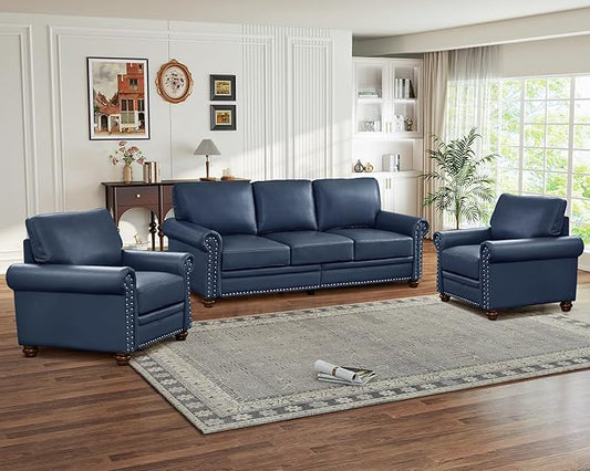 Antetek 3-Piece Comfy Upholstered Faux Leather Sofa Couch Set Mid-Century Modern Single Sofa Chair(2 Units) + 3 Seater Couch(1 Unit) with Storage Space for Living Room Furniture Set Navy Blue