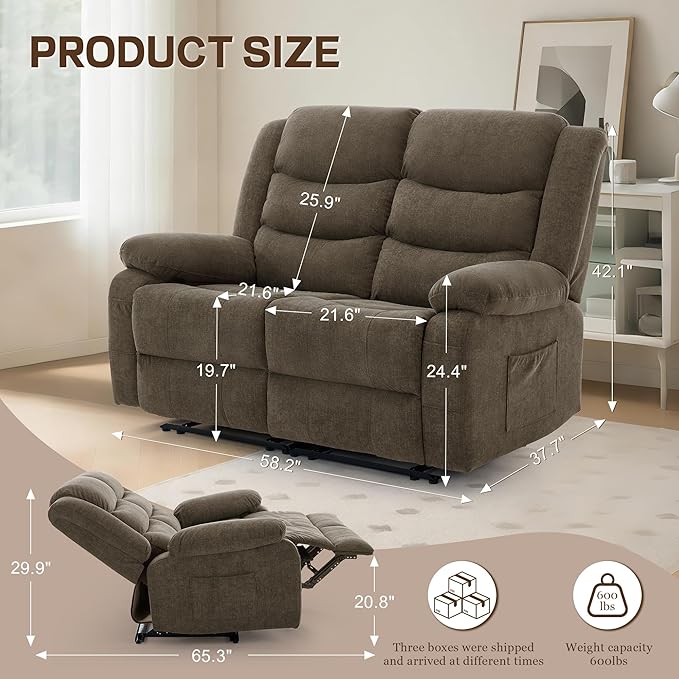 Loveseat Recliner Sofa for RV Furniture and Theater Seating Wall Hugger Loveseat Recliner Oversized Loveseats Couch with Front Porckets&ampSide Pockets Fabric Brown