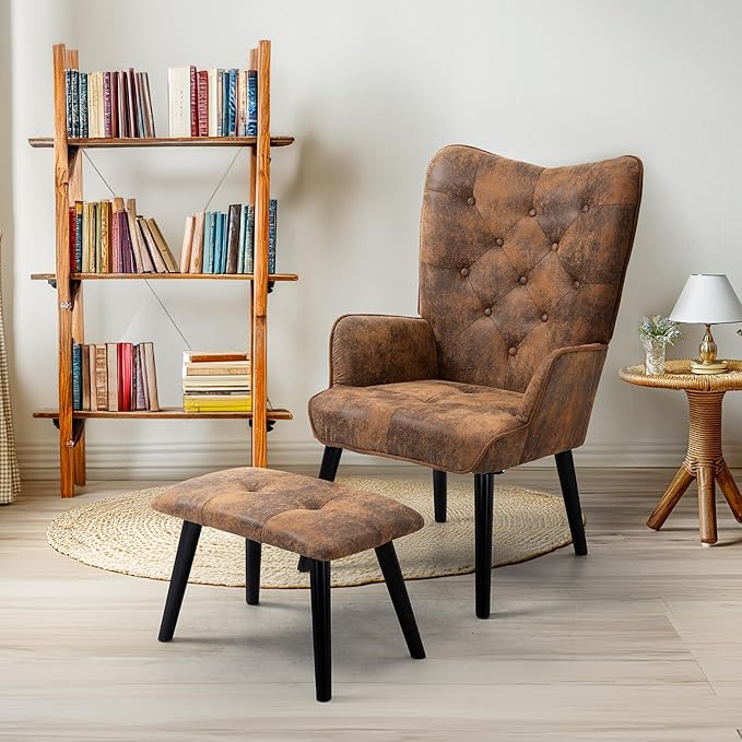 ECOTOUGE 2 Pieces Accent Chair with Ottoman Button Wingback Chair Wingback Leisure Single Sofa Arms Upholstered Tall Back Leather Chairs for Bedroom Brown (Anti-Skid Feet Caps)