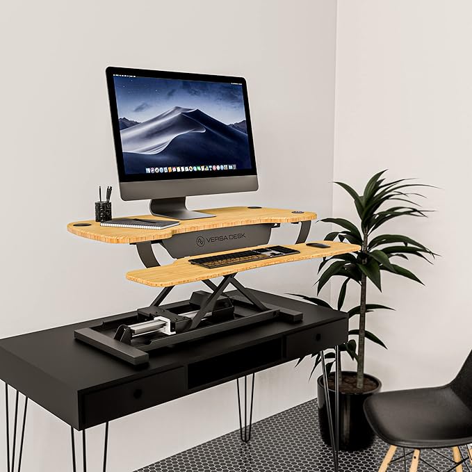 VERSADESK® PowerPro™ 36” x 24” Standing Desk Converter | 36 Inch Electric Height Adjustable Sit to Stand Desk Riser w/Keyboard Tray &amp USB Hub - Ergonomic Workstation for Home &amp Office Bamboo