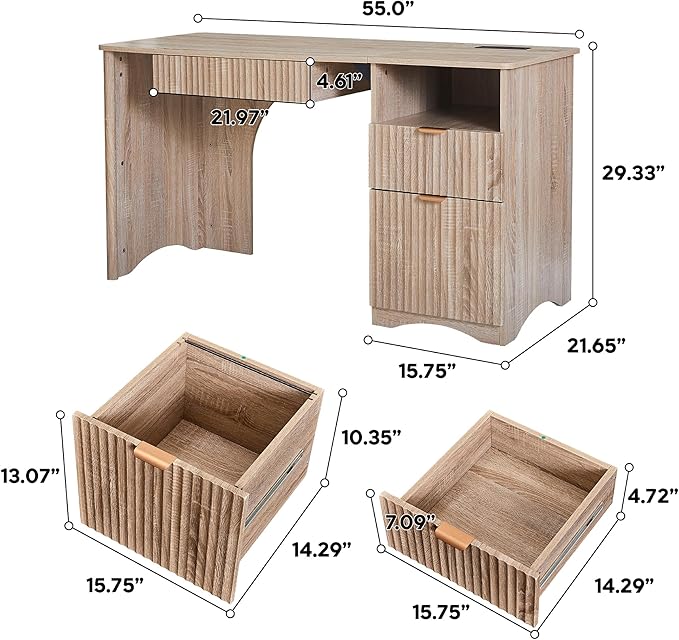 55 Modern Computer Desk with Keyboard Tray Built-in Power Outlets Fluted Design 2-in-1 Main Drawer &amp Adjustable File Drawer Office Desk for Home Workspace (Light Oak)