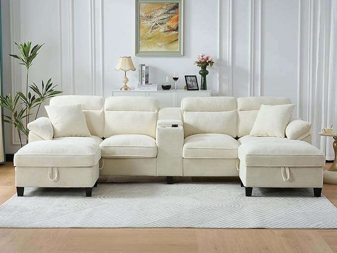 117 Inch Sofa CouchSectional Couches for Living Room with 2 Cup HoldersCorduroy Modular Sectional Sofa with Movable and Storable Ottoman.（Beige）
