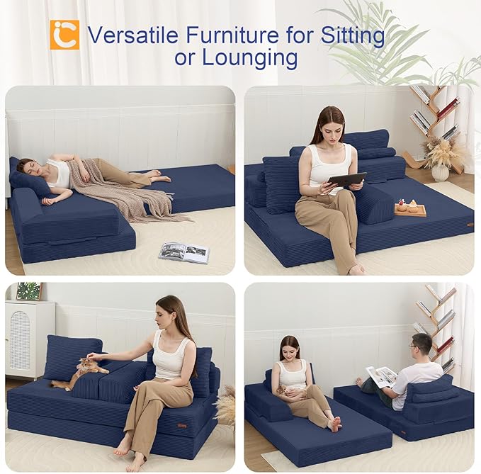 COMAX Convertible Sofa Bed Folding Floor Couch Corduroy Fold Out Couch Bed Futon Sleeper Mattress with Pillows Boneless Sofa Comfy Lounge Loveseat for Living Room Bedroom Navy