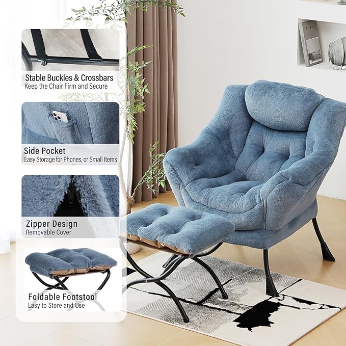 Lazy Chair with Ottoman Modern Accent Chair with Armrests and a Side Pocket Plush Light Blue Accent Chairs Reading Chairs Oversized Armchairs for Bedroom Study Living Room Courtyard