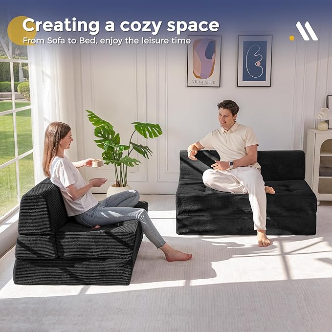 MAXYOYO 8 Folding Sofa Bed Convertible Sleeper Sofa Lounger Foldable Mattress Wedge Shape Floor Couch Tufted Fold Out Chair Bed Comfy Floor Couch Lounge for Living Room Bedroom Single Black