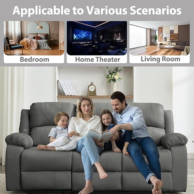 3 Seat Reclining Sofa Leather 3-Seater Manual Reclining Couch with Side Pocket Easy Assembly Reclining Loveseat Sofa for Living Room Meeting Room Bedroom Office Apartment RV