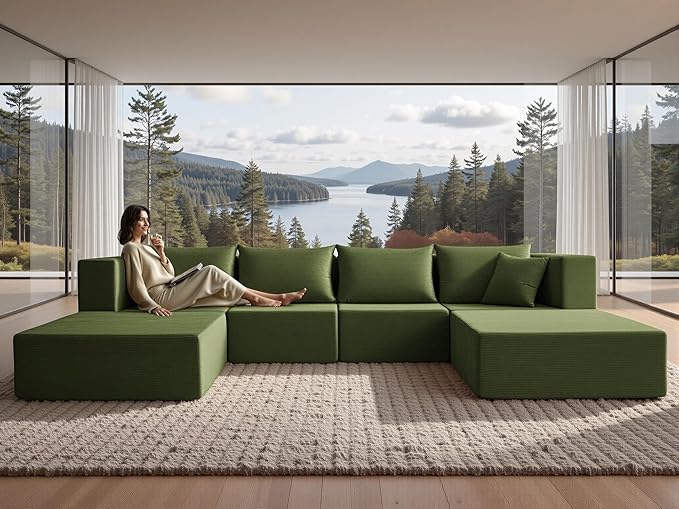 YINIX 140 Modular Sectional Sofa Couches Corduroy Sleeper Deep Seat Sofa Bed Comfy Cloud Couch for Living Room Floor Sofa 6 Piece Free Combination Compression No Assembly Required Green