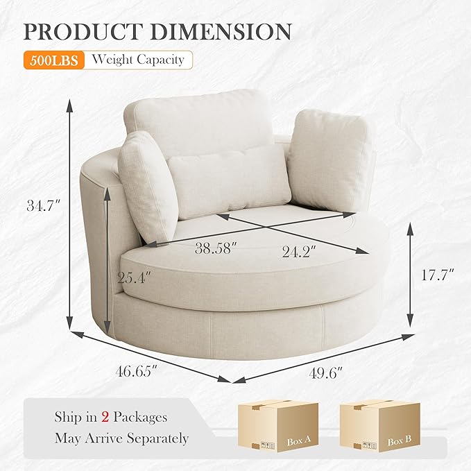 Aoiy &amp Wifon 50'' W Oversized Swivel Barrel Chair Beige Swivel Accent Chair for Living Room Round Oversized Arm Chair with 4 Pillows Deep Seat &amp Extra Wide Chenille