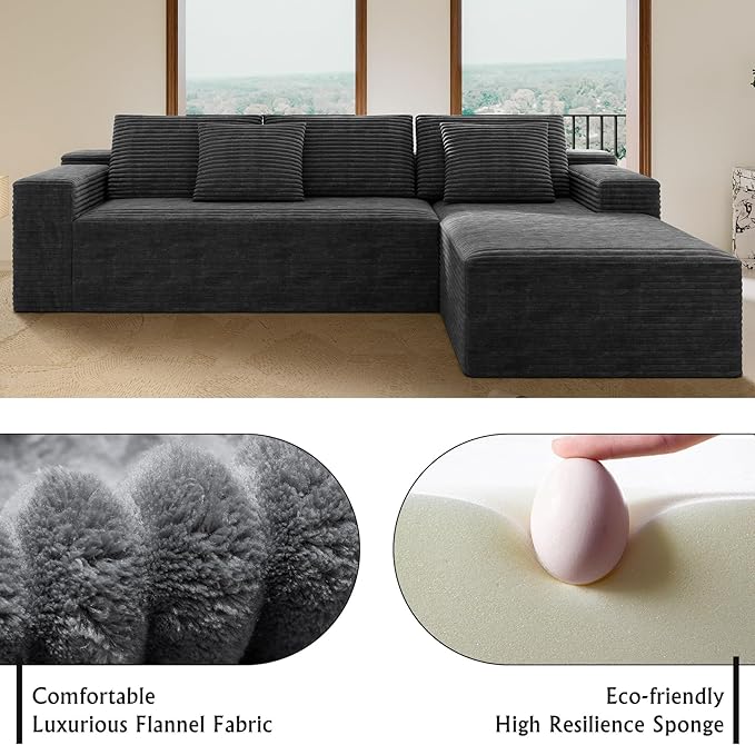 104'' Corduroy Boneless Couch for Living Room Modular Cloud Sectional Couches with Deep Seat Comfy Fluffy Sofas with L-Shaped ChaiseNo Assembly Required2PC Free Combination (Grey)