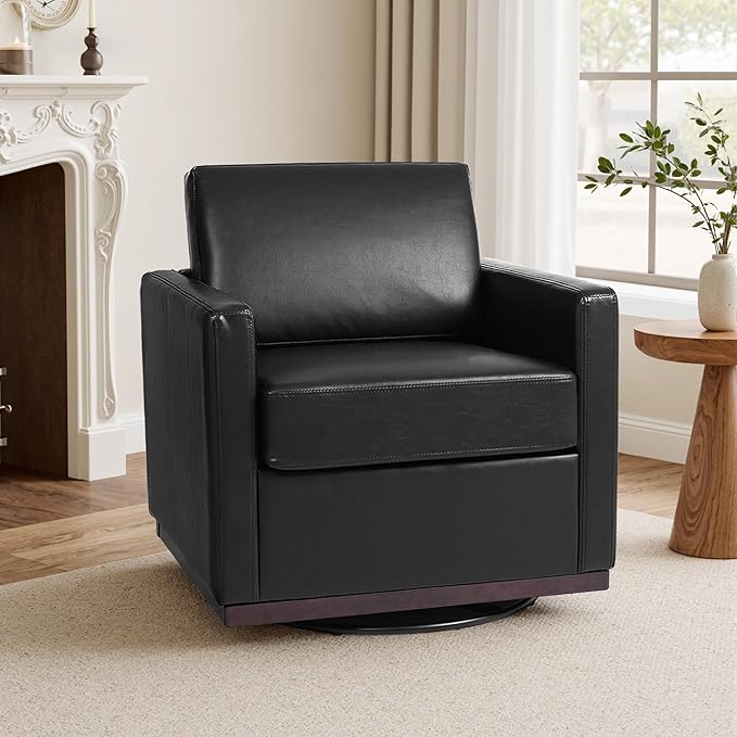Swivel Barrel Accent Chair Mid Century Modern Arm Chair for Living Room Bedroom Comfy Club Reading Lounge Sofa Corner Chairs for Adults (Leather Black Set of 2)