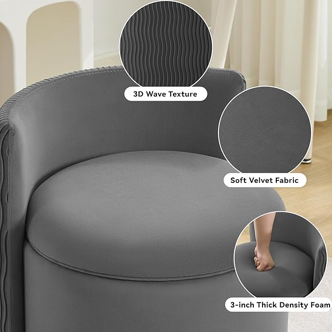 360° Velvet Vanity Chair with Storage Swivel Barrel Makeup Chair No Assembly Wave Back Vanity Stool Small Accent Chair for Living Room Grey