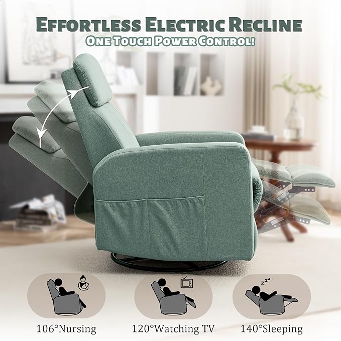 Power Swivel Recliner Chairs for Adults Electric Glider Rocking Chair Nursery Glider Recliner Nursery Chair with Classified Side Pocket Nursery Rocking Chairs with USB and Type-C Ports