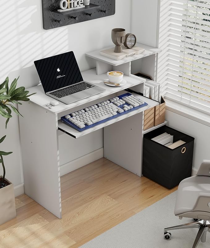 Computer Desk with Storage Working Desk with Keyboard Drawer for Bedroom Home Workstation for Writing Working Studying White