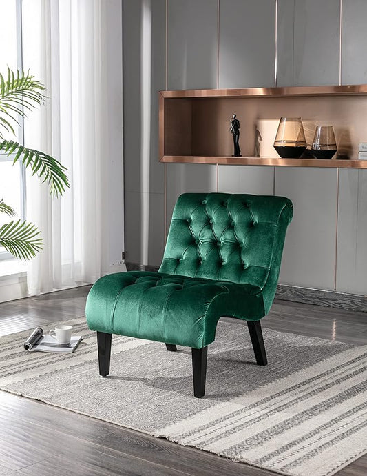 Modern Velvet Armless Accent Living Room Chair Leisure ChairUpholstered Fabric Button Comfortable Chair with Wooden Legs for Bedroom Living Room Office (Green Velvet)