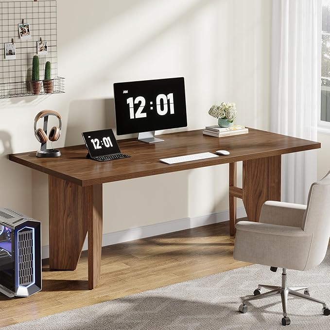 Tribesigns 63-Inch Executive Desk Mid-Century Modern Office Desk with Sturdy Legs Large Wooden Computer Desk Business Workstation for Home Office Brown