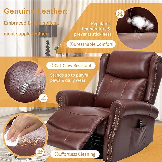 360° Swivel Glider Chair for Nursery Wingback Genuine Leather Rocking Recliner with Lumbar Heat &amp Massage 8-Point Vibration Massage for Living Room Bedroom