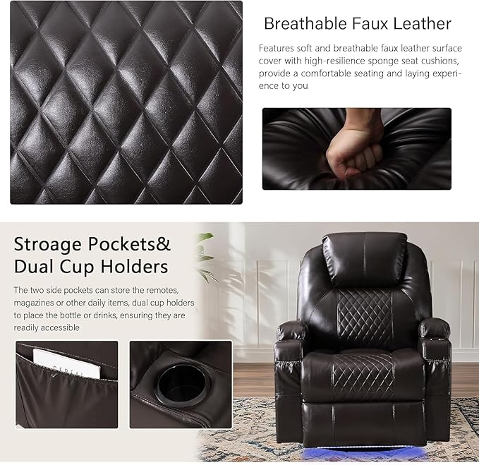 Power Swivel Rocker Recliner Chair with Vibration Massage 270° Swivel &amp LED Lights Electric Glider Reclining Sofa USB A/C Ports &amp Storage Pocket for Living Room (1 Brown)