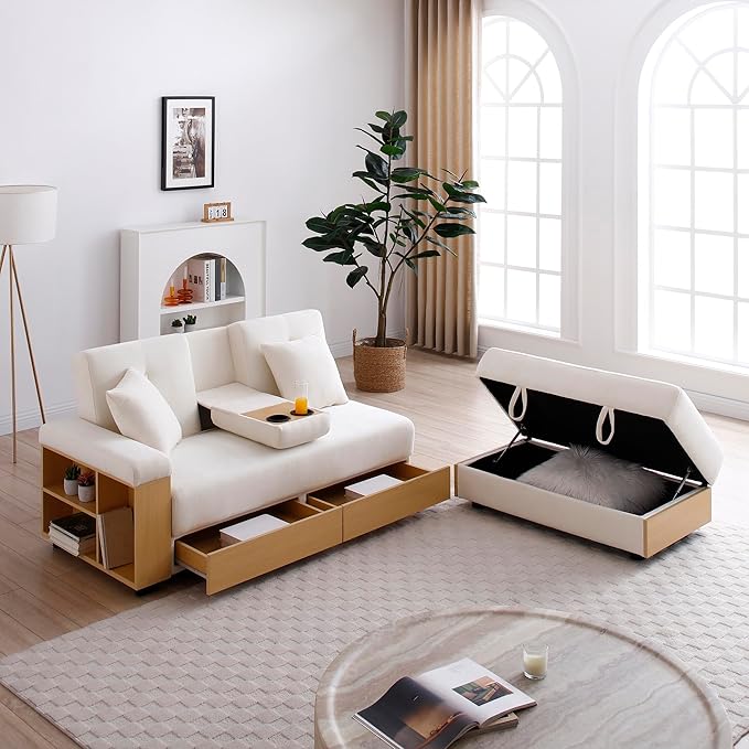 Sofa 84.65 Convertible Sofa Bed with Storage Ottoman Adjustable Armrest &amp Coffee Table - Perfect for Small Apartments 2 Drawers Soft Cotton Linen Fabric Solid Wood FrameBeige