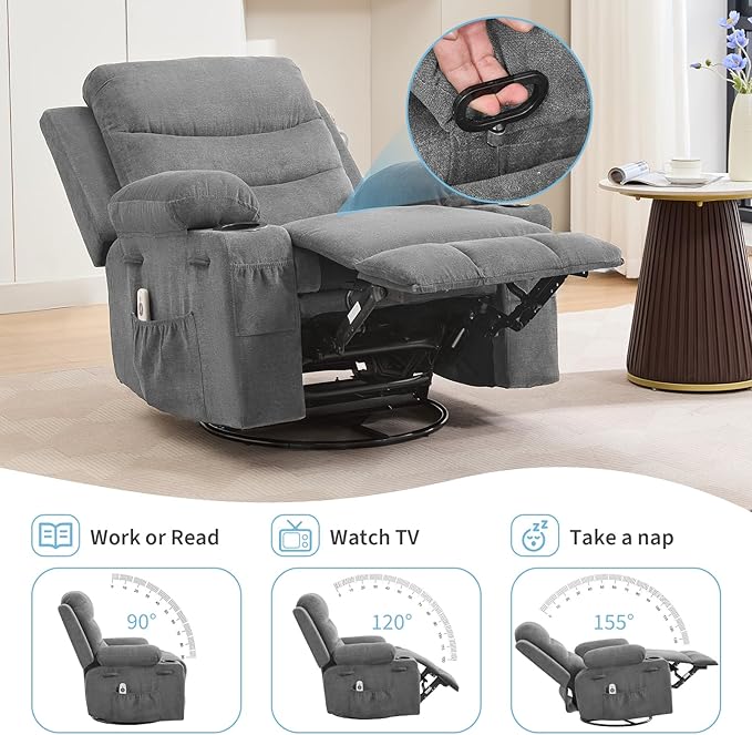 IDEALHOUSE Rocker Recliner Chair with Massage and Heat Swivel Reclining Sofa with Cup Holder Side Pockets Front Pockets Rocking Chair for Living Room Bedroom Nursery (Grey Linen)