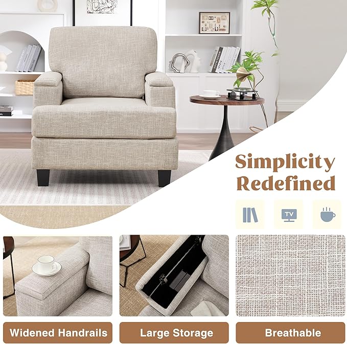 Beige Accent Chair with Armrest Storage Modern Upholstered Reading Living Room Chairs Comfy Large Armchair Fabric Single Sofa Chair for Bedroom