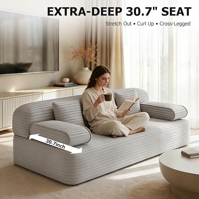 Convertible Sofa Bed 78.7 Frameless Floor Sofa-in-a-Box Corduroy Boneless Couch for Small Space Apartments Queen Sleeper Sofa for Everyday Use 3 Pillows Included No Assembly (Light Grey)