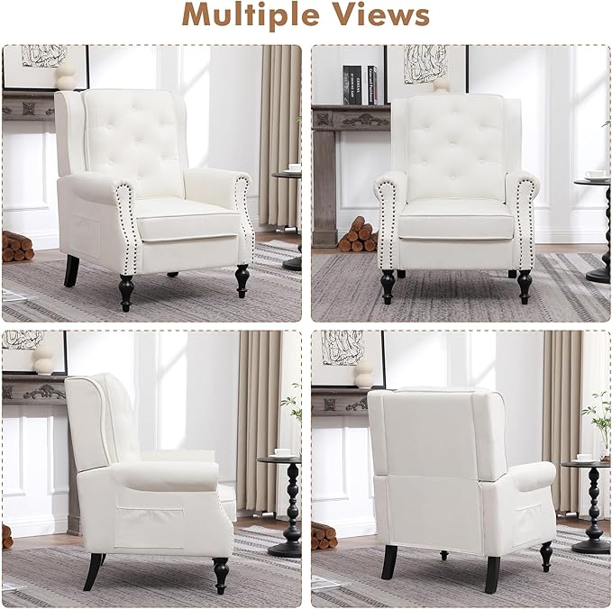 Modern Accent Chair Set Of 2 Wingback Living Room Chairs With High Back Accent Upholstered Armchair With Vintage Legs Comfy Sofa Chair Accent Chairs Set For Bedroom Home Office Reading WHITE