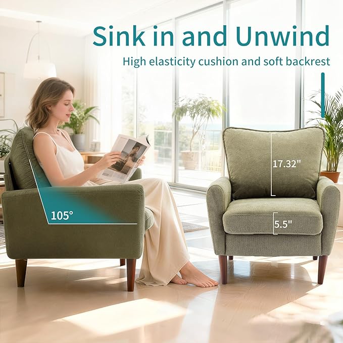 OLIXIS Comfy Accent Chair for Living Room Bedroom and Waiting Room Upholstered Mid-Century Reading Chair with Pillow and Solid Wood Legs Wide Singe Modern Lounge Sofa (Green)